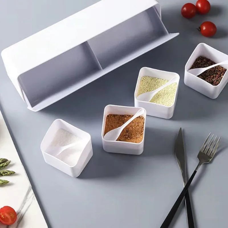 4 Grid Wall Mounted Spice Box Set - Salt Pepper Seasoning Storage
