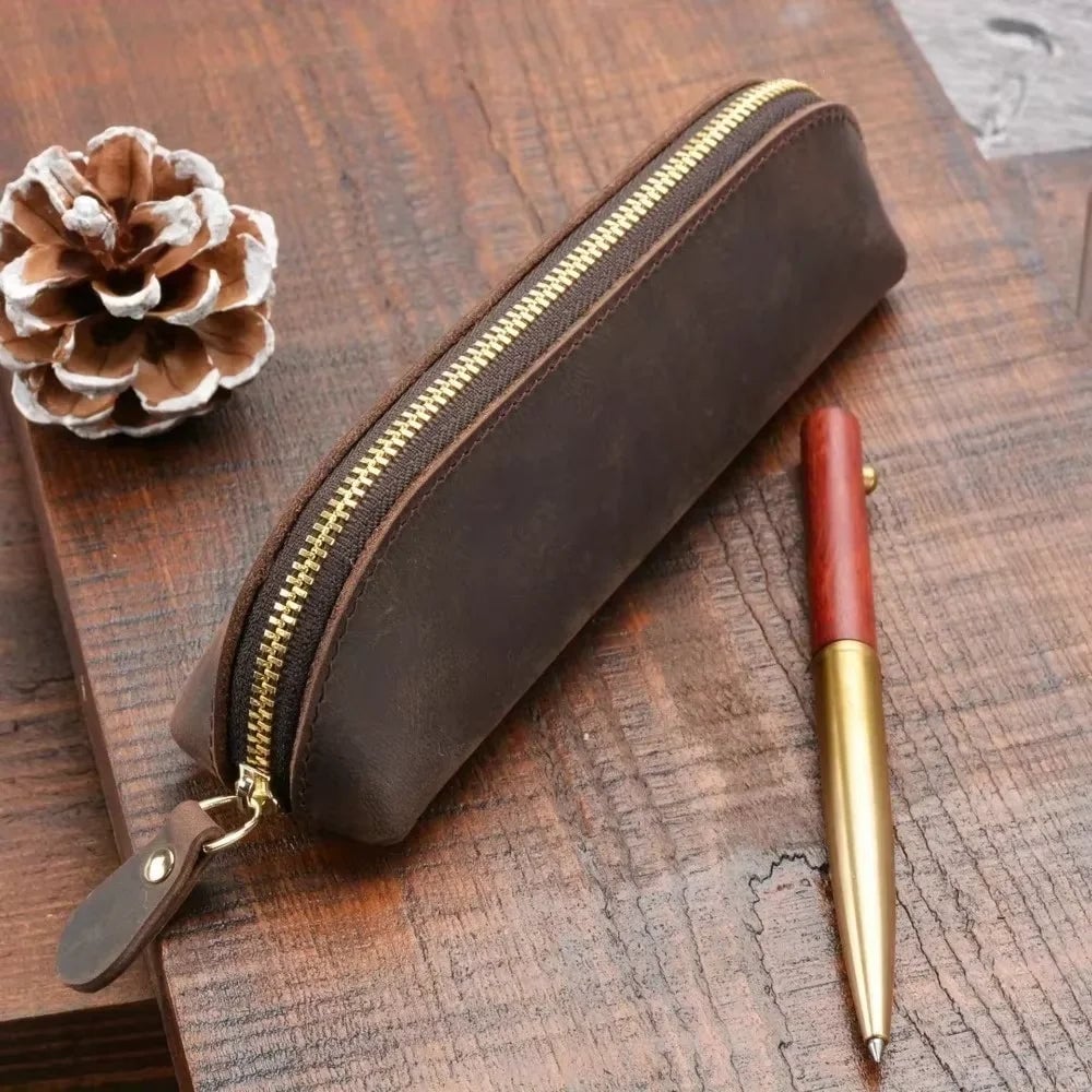 Leather Zipper Pencil Case & Makeup Pouch - Small Travel Organizer