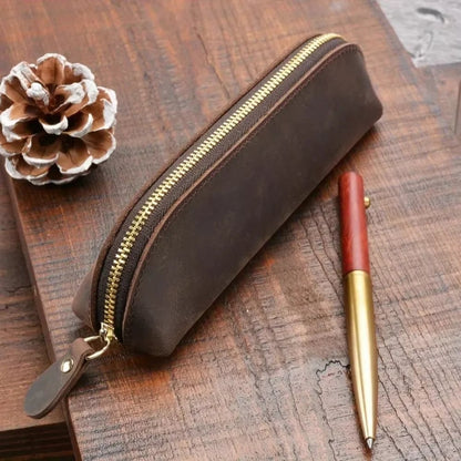 Leather Zipper Pencil Case & Makeup Pouch - Small Travel Organizer