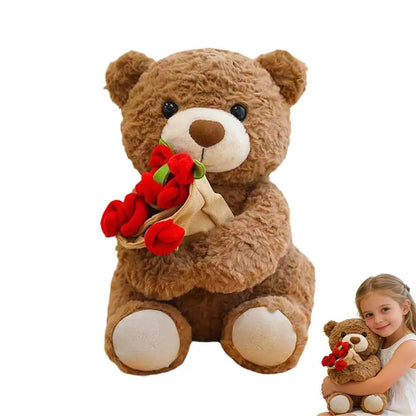 Plush Teddy Bear with Roses Stuffed Soft Toy Romantic Decor Gift