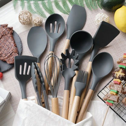 12PC Silicone Kitchen Utensils Set Non-Stick Wooden Handle Spatula