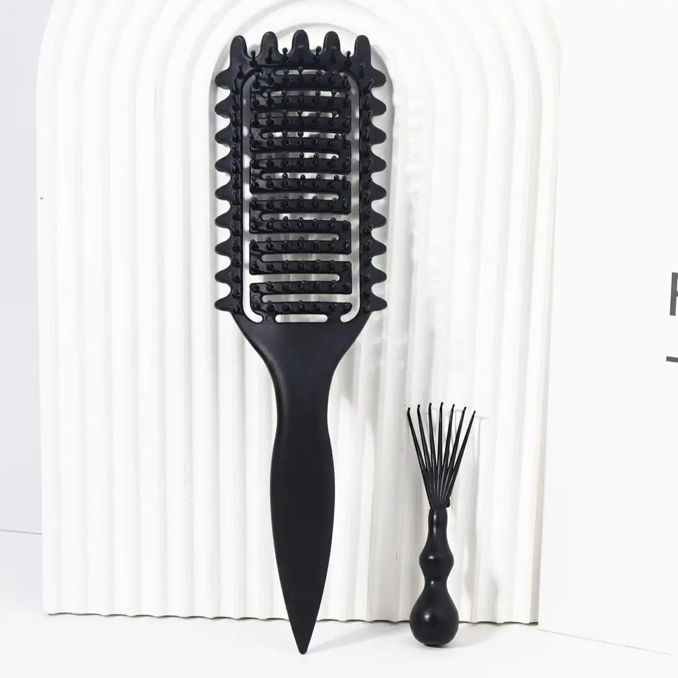 2pc Hollowed Curly Hair Styling Brush Set + Comb Cleaner - Real Wigs