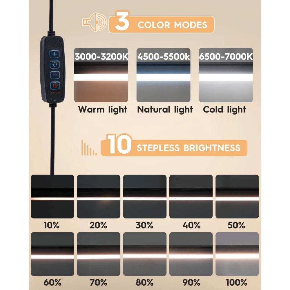 10W LED Clamp Desk Lamp - Swing Arm, 10 Brightness Levels, 3 Modes