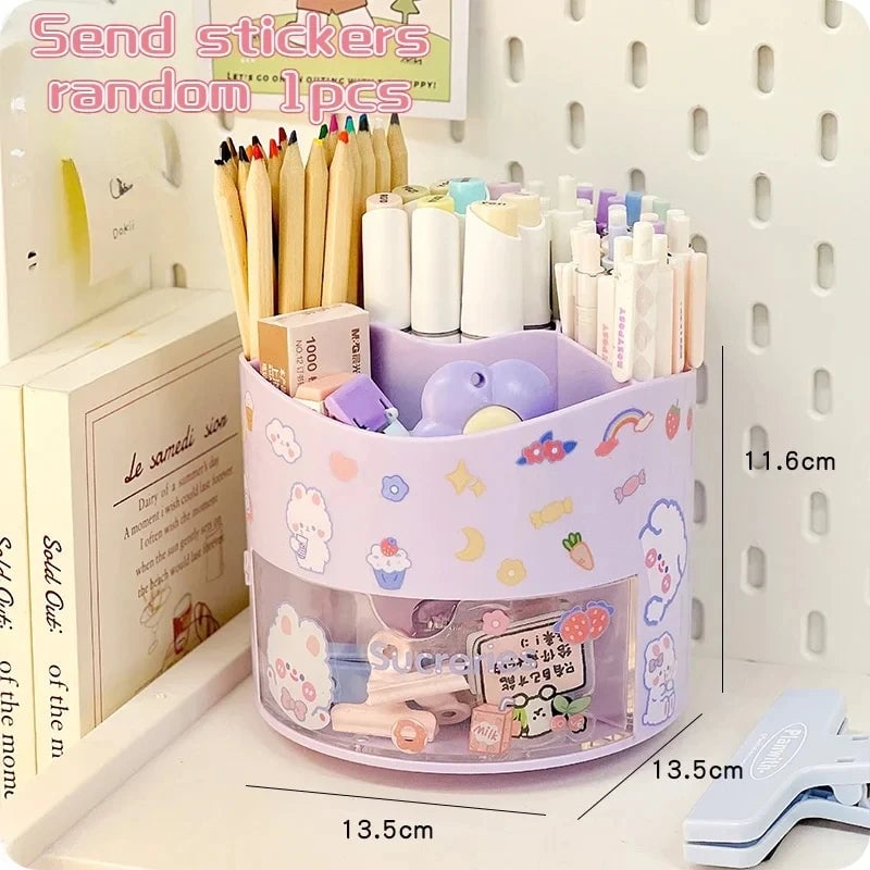 Rotating Desktop Pen Holder with Drawer - Kawaii Stationery Organizer