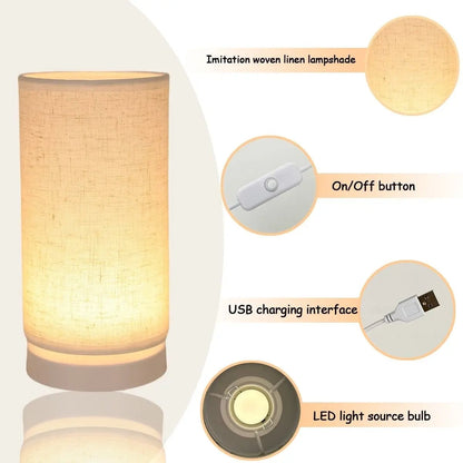 Nordic Retro USB Table Lamp Fabric Shade Bedroom Study Lighting