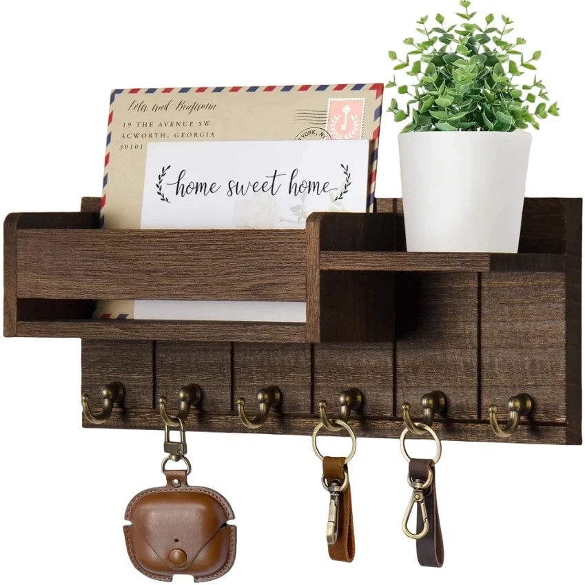 Rustic Wood Entryway Wall Shelf 6 Hook Mail Key Organizer Storage