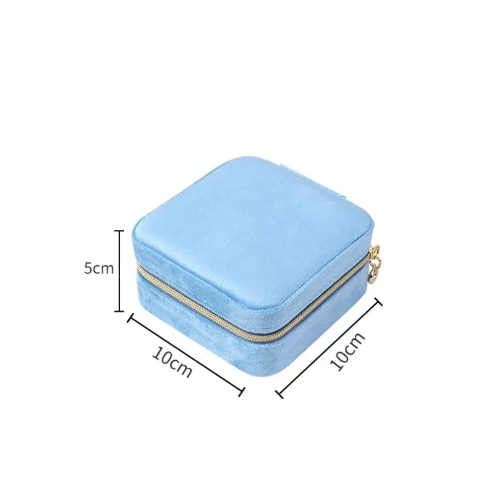 Velvet Travel Jewelry Box - Portable Square Organizer with Zipper