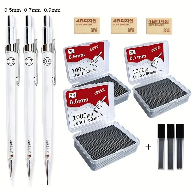 Transparent Mechanical Pencils Set 0.5 0.7 0.9mm 2B Lead Art Drawing
