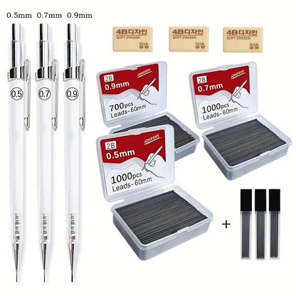Transparent Mechanical Pencils Set 0.5 0.7 0.9mm 2B Lead Art Drawing