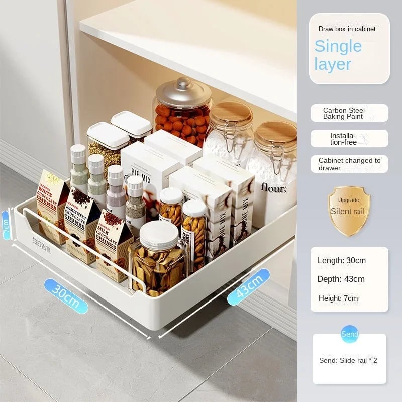 Pull Out Kitchen Storage Drawer with Slide Rails - Spice Organizer