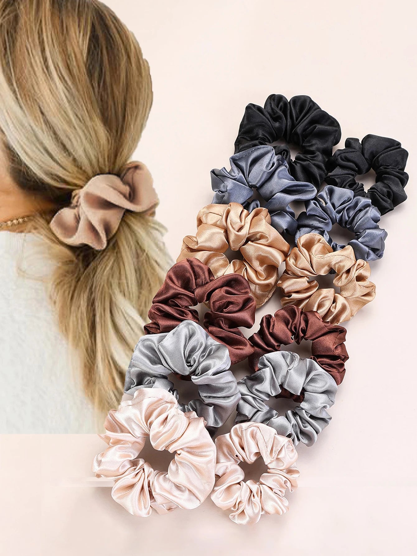12pc Mixed Color Satin Hair Rings Elastic Ponytail Holders Women