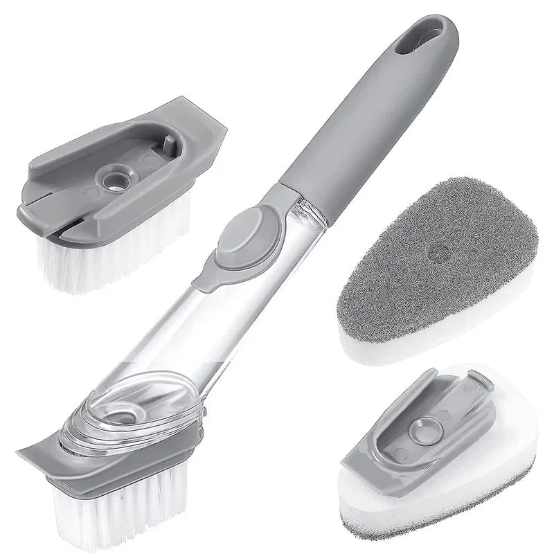 Soap Dispensing Kitchen Sponge Brush Long Handle Press Type Scrubber