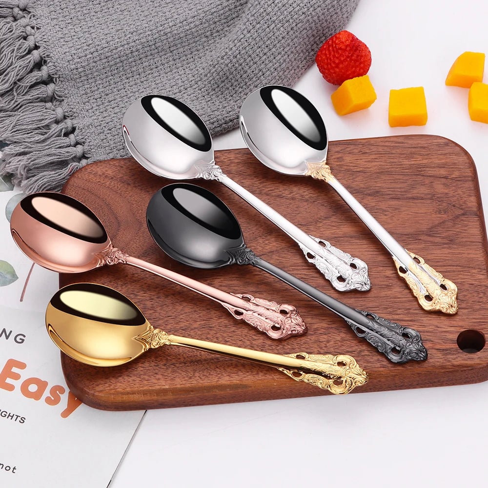 7" Stainless Steel 18-10 Gold Round Bouillon Spoons - Cereal Soup