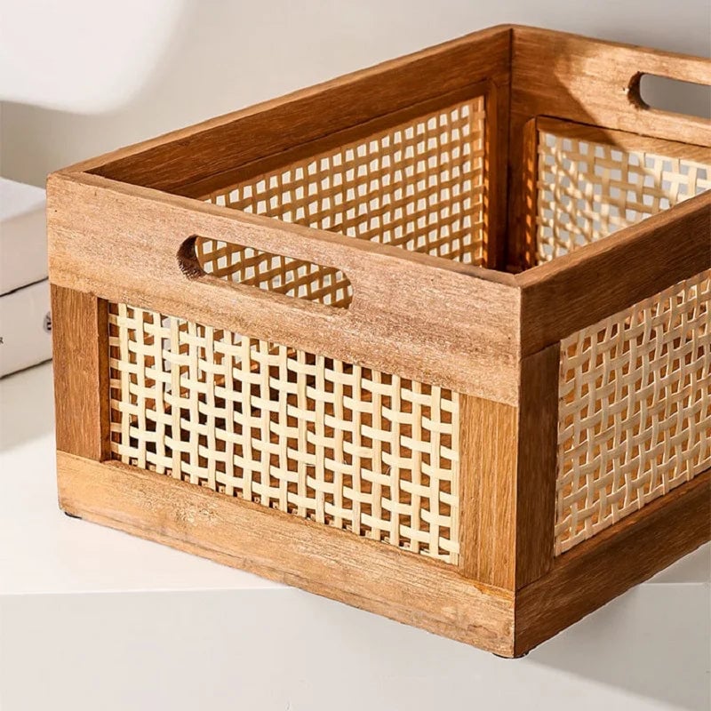 Solid Wood Rattan Storage Basket - Multi-Room Kitchen Bathroom Organizer