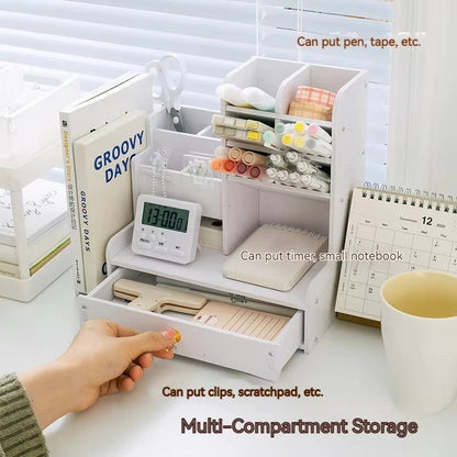 Wooden Desktop Organizer with Shelves - Multi-Compartment Pen Holder