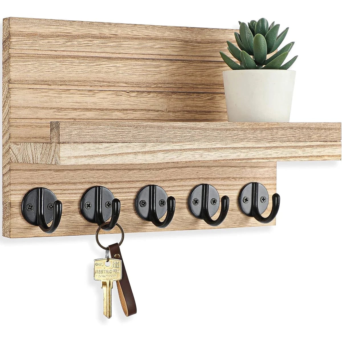 Wooden Key Holder Wall Mounted Mail Organizer 5 Hook Rustic Rack