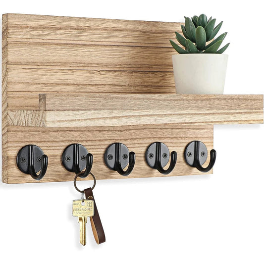 Wooden Key Holder Wall Mounted Mail Organizer 5 Hook Rustic Rack