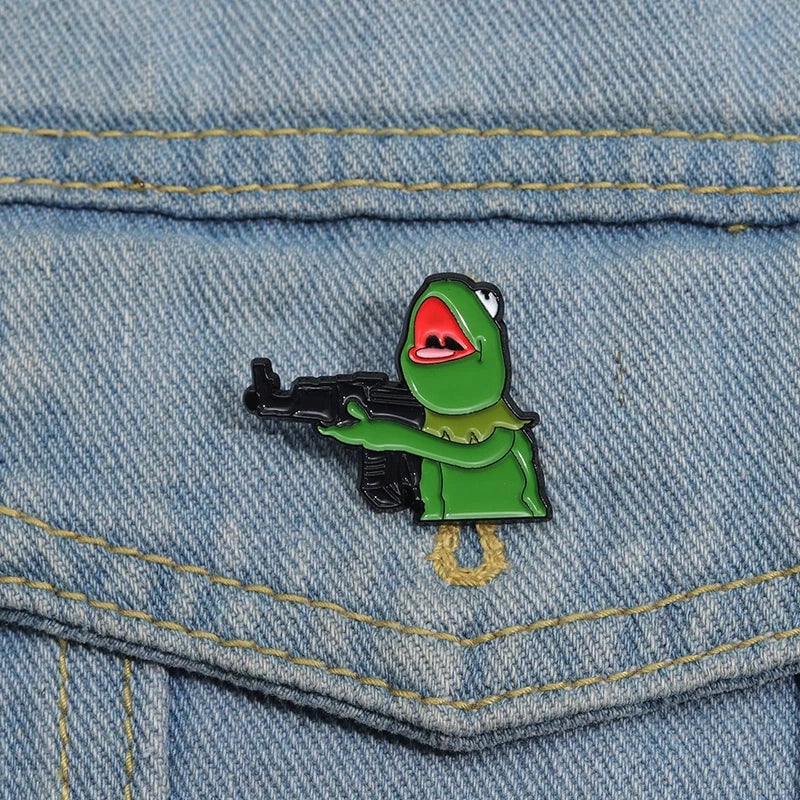 Frog And Gun Enamel Pin - Custom Cartoon Animal Lapel Badge Brooch