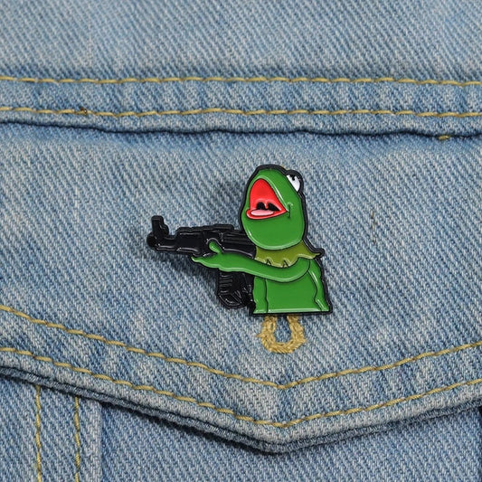 Frog And Gun Enamel Pin - Custom Cartoon Animal Lapel Badge Brooch