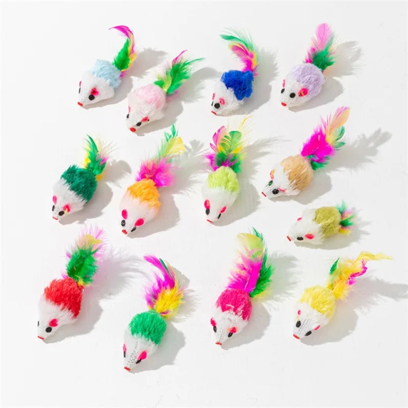 Rabbit Fur Feather Cat Toy - Rainbow False Mouse Interactive Kitten