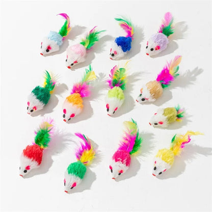 Rabbit Fur Feather Cat Toy - Rainbow False Mouse Interactive Kitten