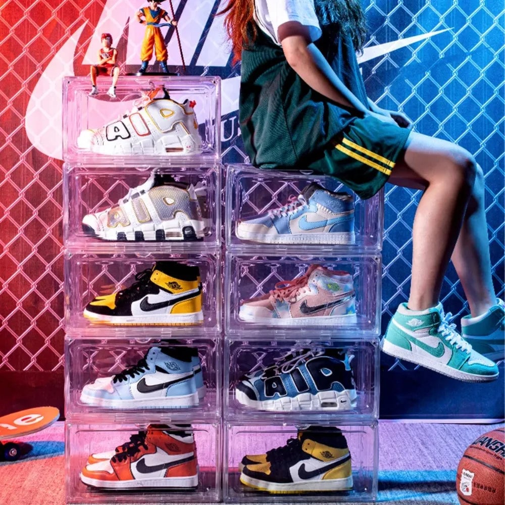 Clear Acrylic Shoe Storage Box Magnetic Flip Lid Stackable Organizer