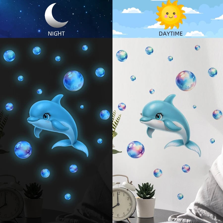 Glow Dark Dolphin Ocean Wall Decals - Kids Room Bubble Stickers