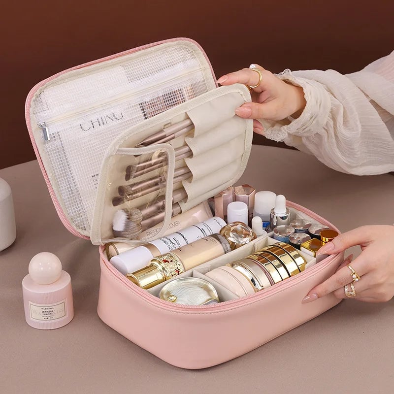 Large PU Leather Tote Makeup Bag - Travel Cosmetic Storage Organizer