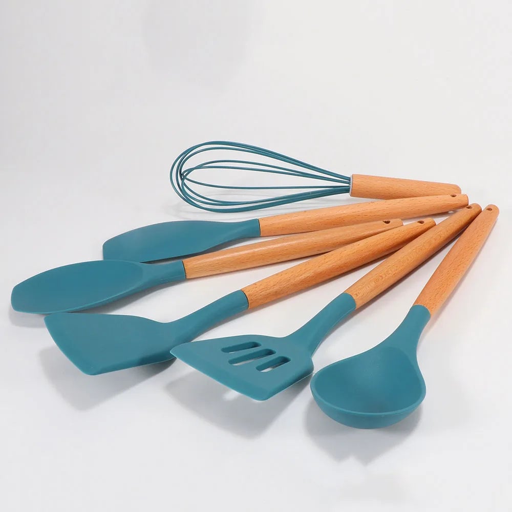 Blue Heat-Resistant Silicone Spatula Spoon with Wooden Handle
