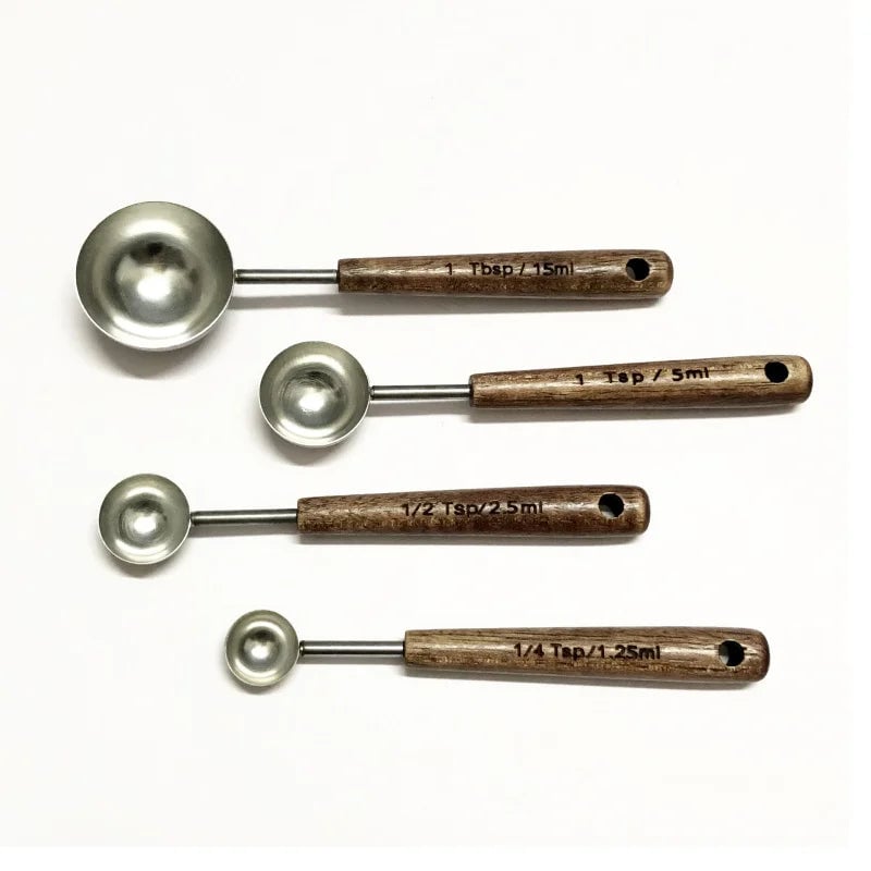 Oak Handle Stainless Steel Measuring Spoon - Coffee Bean Milk Powder