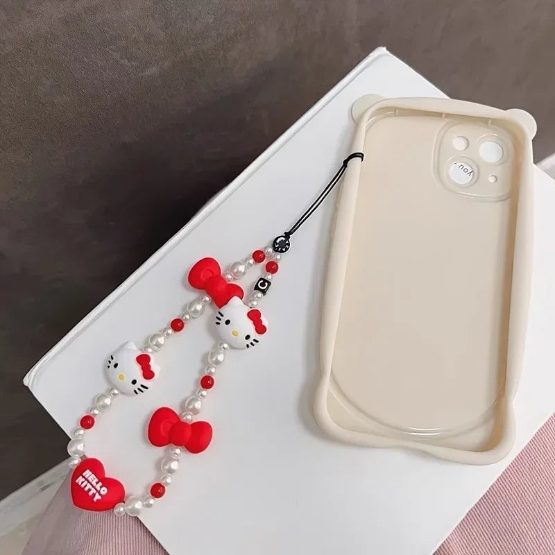 Hello Kitty Love Bow Mobile Phone Chain Beaded Lanyard Kawaii Charm