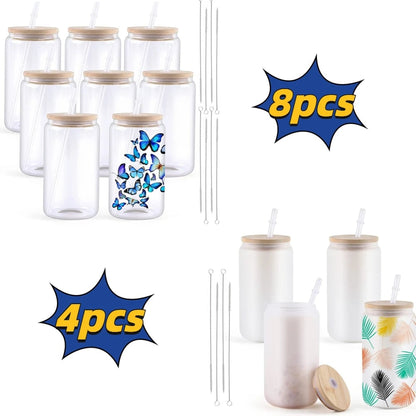 16OZ Glass Sublimation Tumblers 4/8 Pack Clear/Frosted Bamboo Lid