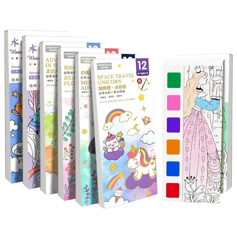 12-Sheet Portable Watercolor Book with Brush - Kids Art Set