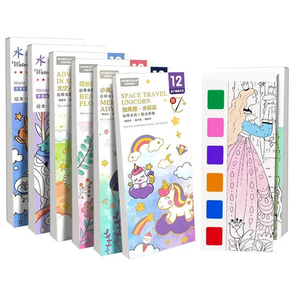 12-Sheet Portable Watercolor Book with Brush - Kids Art Set