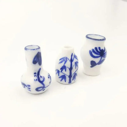 3pcs Mini Blue White Porcelain Vases Dollhouse Kitchen Ceramic Decor