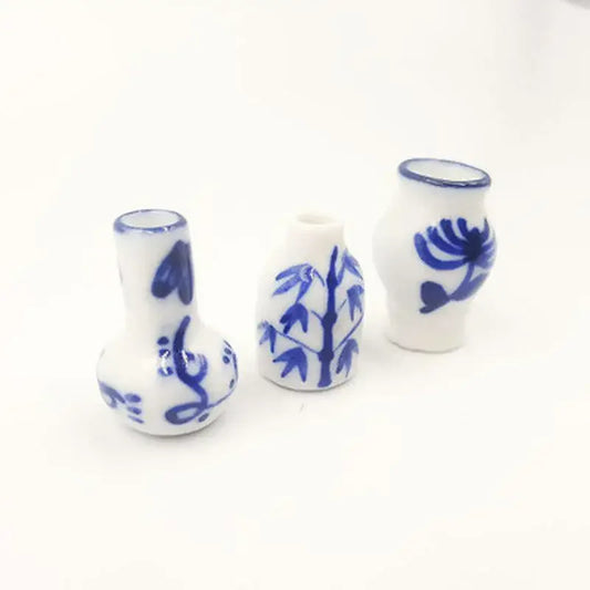 3pcs Mini Blue White Porcelain Vases Dollhouse Kitchen Ceramic Decor