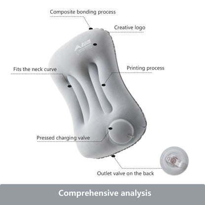 Portable inflatable camping pillow with neck and lumbar support. Ultralight design perfect for hiking and travel. Compact, comfortable sleep anywhere.