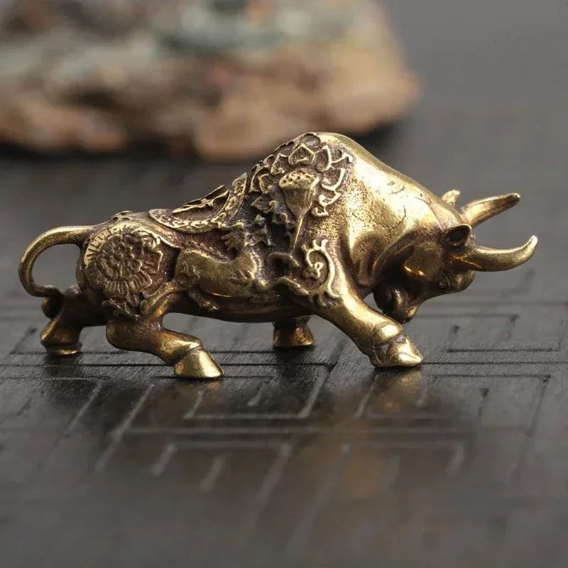 Brass Bullfighting Statue - Lucky Copper Figurine Desktop Ornament