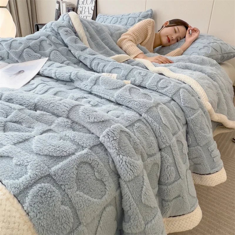 Winter Fleece Heart Plush Blanket - Soft Thick Bed Sofa Single Double