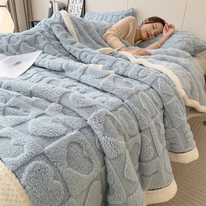 Winter Fleece Heart Plush Blanket - Soft Thick Bed Sofa Single Double