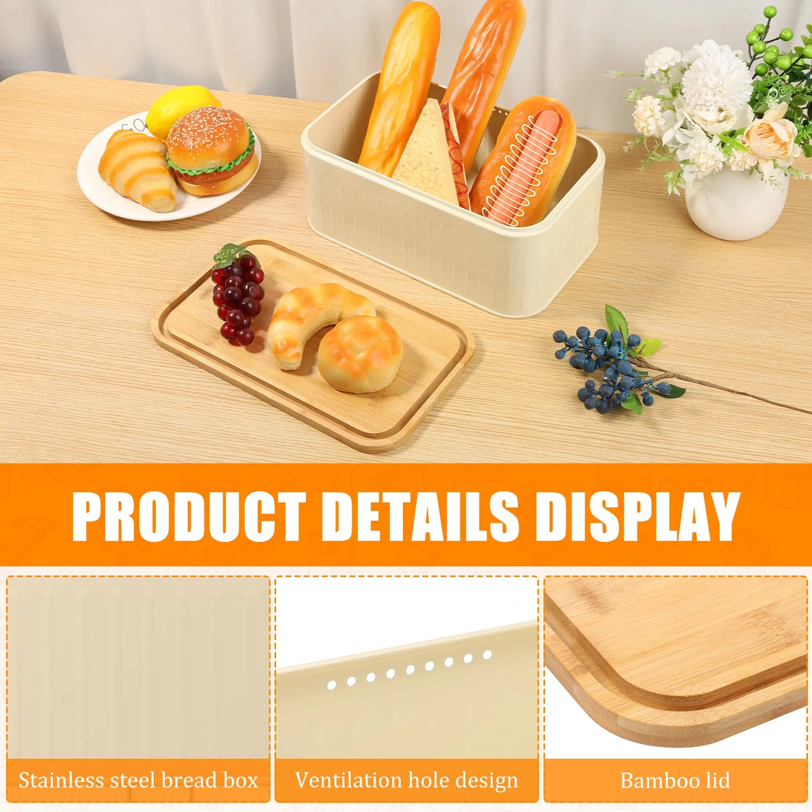 Metal Bread Box with Bamboo Lid & Ventilation Holes Storage