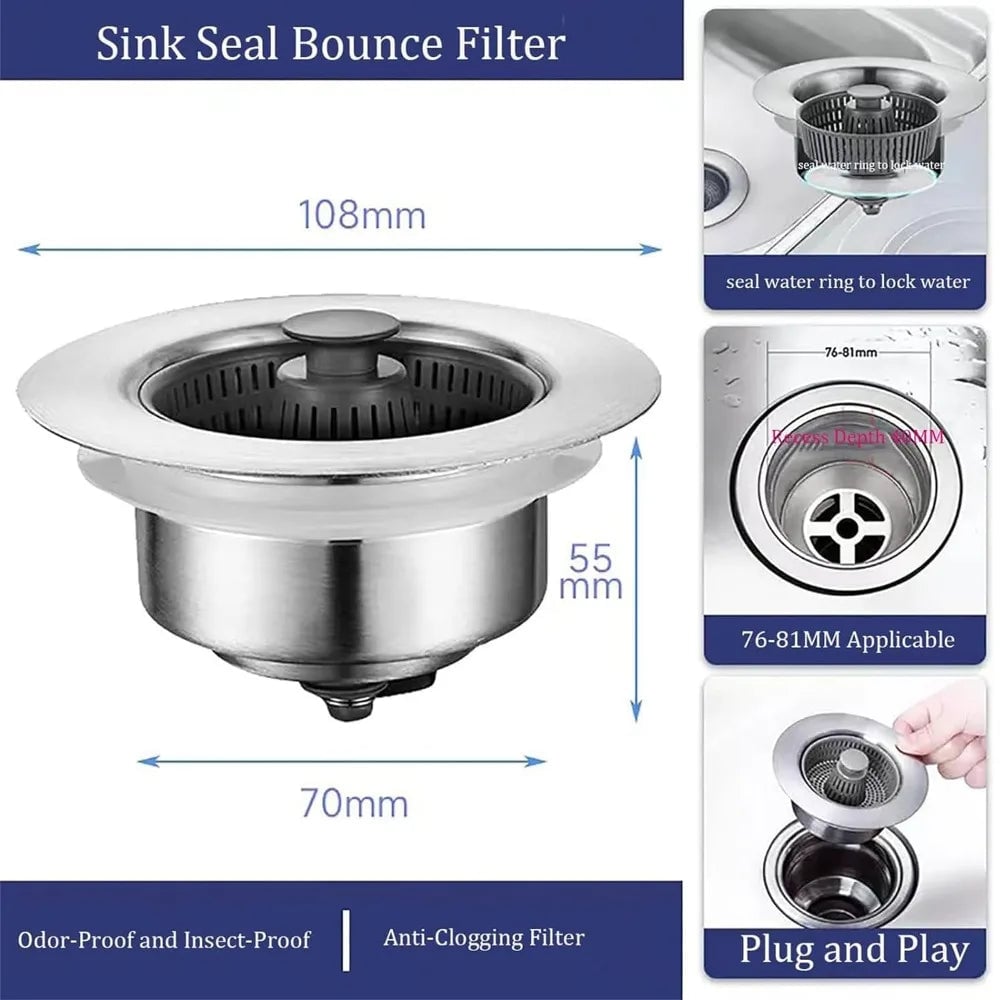 3-in-1 Leak Proof Kitchen Sink Strainer Filter Drain Basket Plug