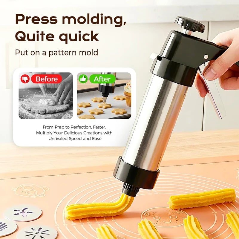 Stainless Steel Cookie Press Gun Kit 13 Discs 8 Icing Nozzles