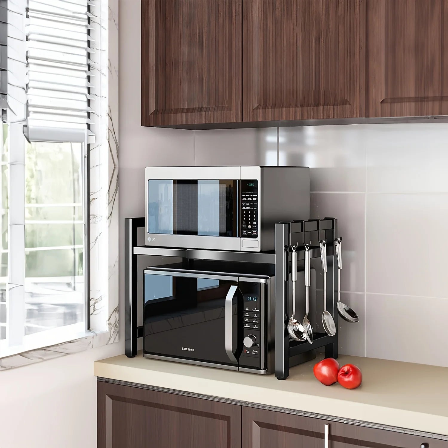 Expandable Microwave Shelf 40-64cm with 6 Hooks Kitchen Storage Rack