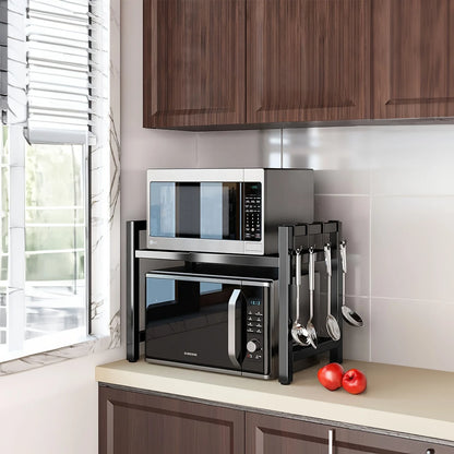 Expandable Microwave Shelf 40-64cm with 6 Hooks Kitchen Storage Rack