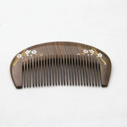 Natural Sandalwood Massage Hair Comb - Gold Plum Branch Design