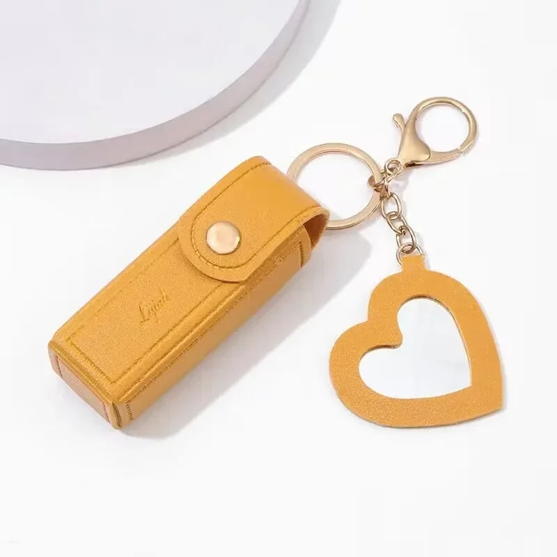 Leather Lipstick Pouch with Mirror & Keychain - Protective Makeup Bag