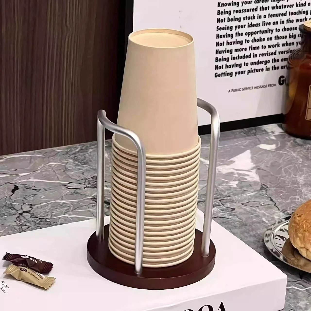Wood Disposable Cup Dispenser Rack with Extended Stick - Storage Stand