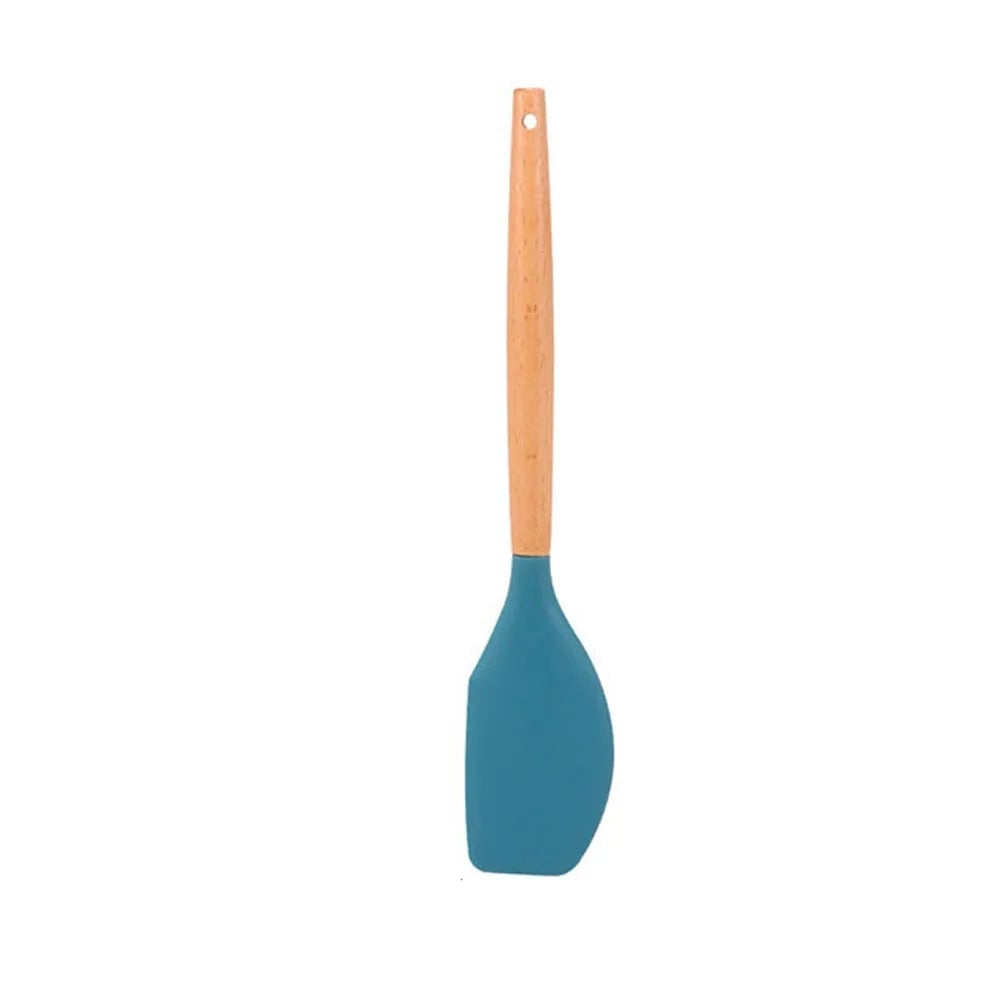 Blue Heat-Resistant Silicone Spatula Spoon with Wooden Handle