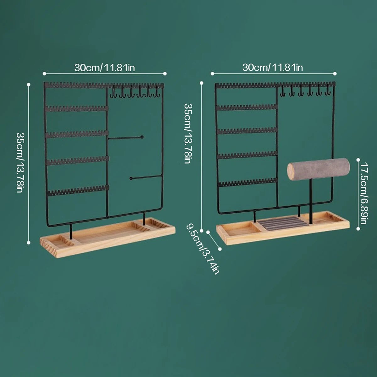 Metal Jewelry Organizer Stand with Wooden Tray - Multi-Functional